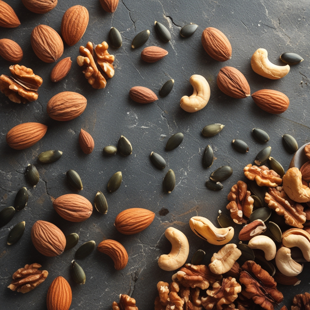 Assorted nuts including almonds, cashews, and walnuts spread on a rough stone surface with dark pumpkin seeds, natural warm lighting