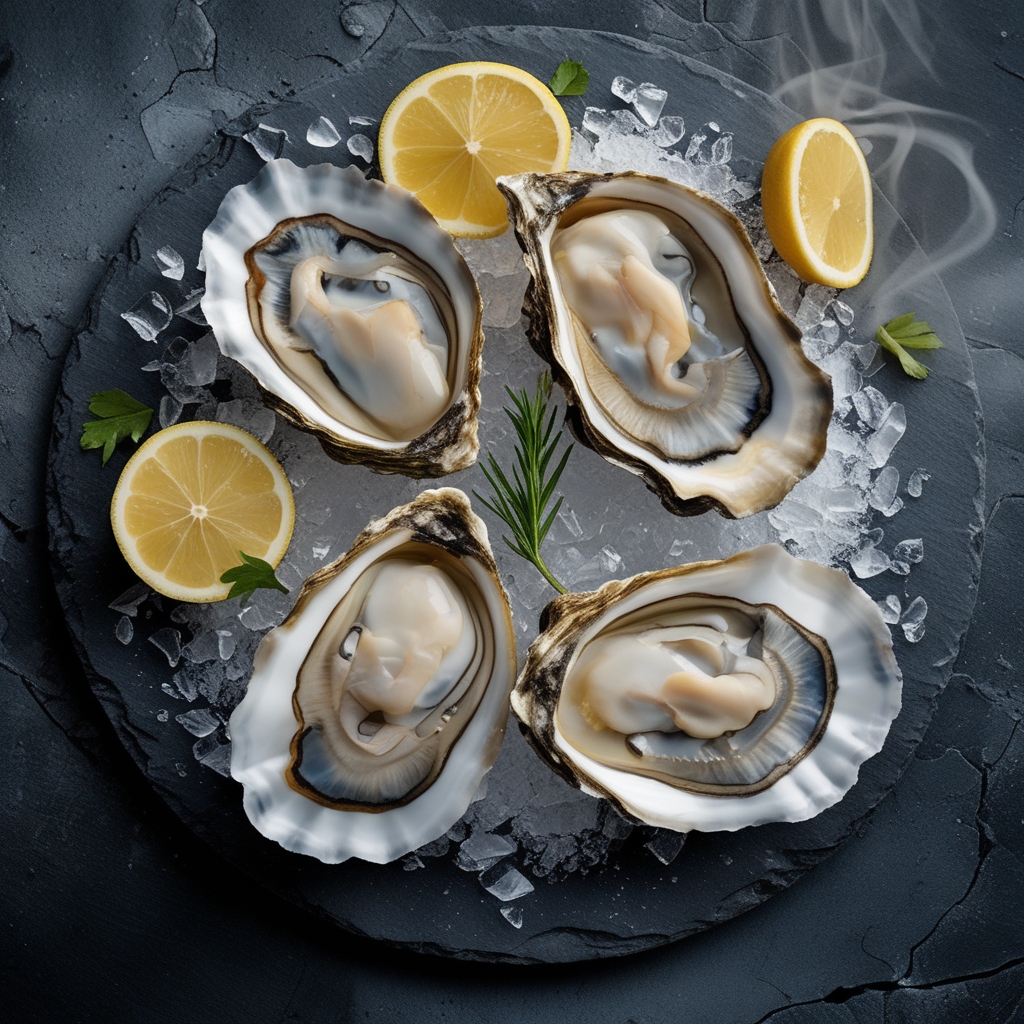 Raw oysters on a bed of crushed ice arranged on a dark slate surface with lemon halves and fresh herbs, natural seafood photography