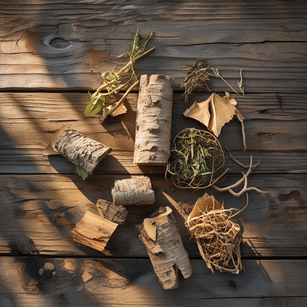 Dried botanical herbs, roots, and bark pieces arranged on aged wooden planks with sunlight illuminating their varied textures of beige, brown and grey