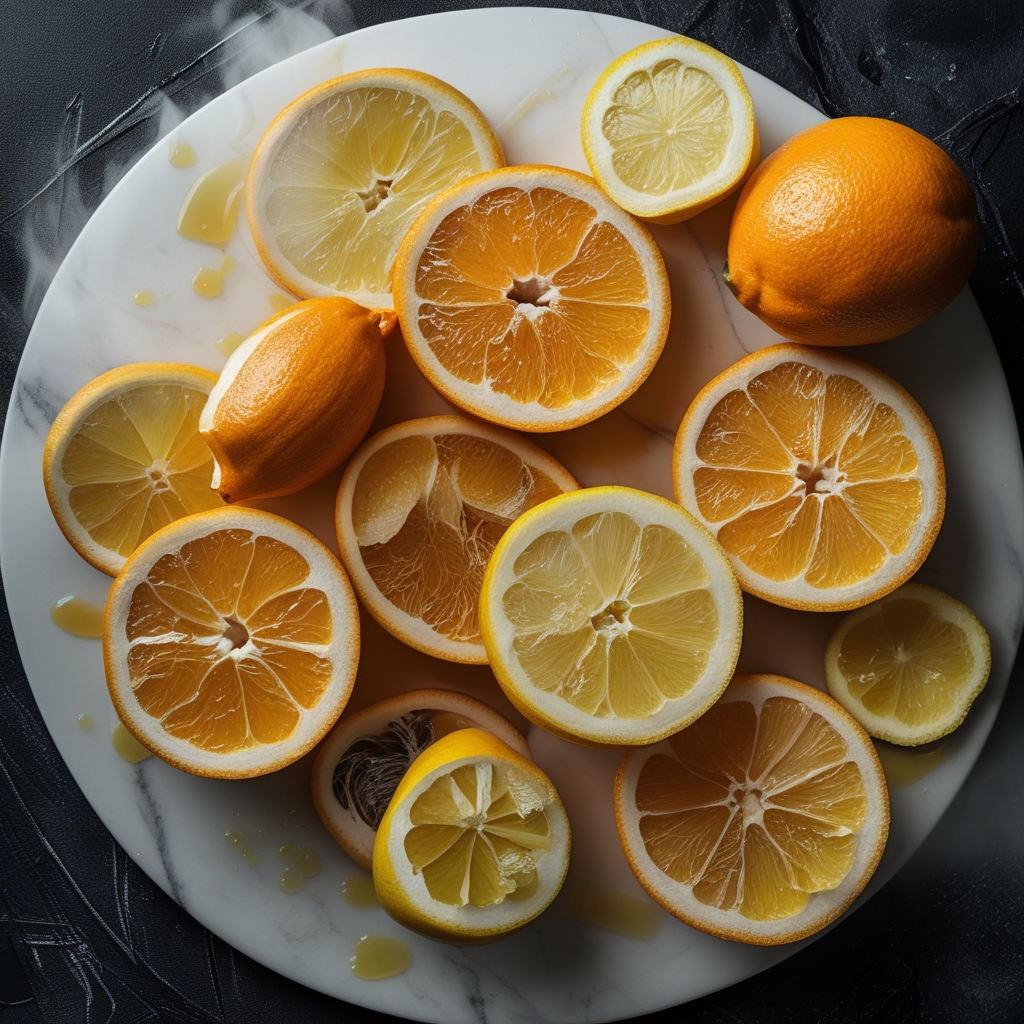 Freshly cut citrus fruits including oranges and lemons arranged on a white marble surface with vibrant orange and yellow flesh visible