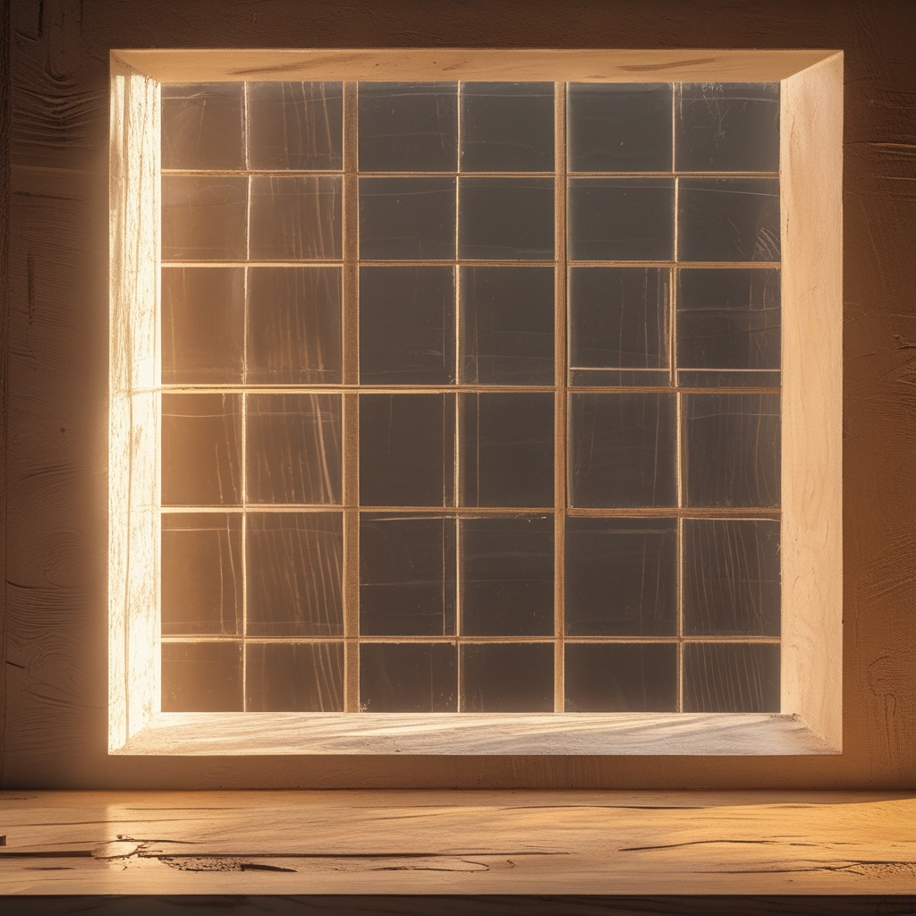 Warm sunlight streaming through a window onto a wooden surface, casting a bright rectangle of natural light with soft shadows